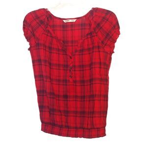 Old Navy Red & Navy Plaid Short Sleeve Blouse XS